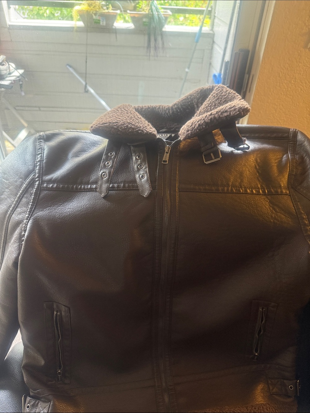 GUESS Men's Black Faux Leather Bomber Jacket with Brown Sherpa Collar